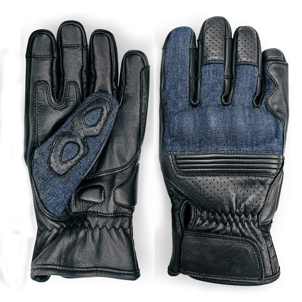 Touch Screen Leather and Denim Combination Chopper Motorcycle Gloves Black